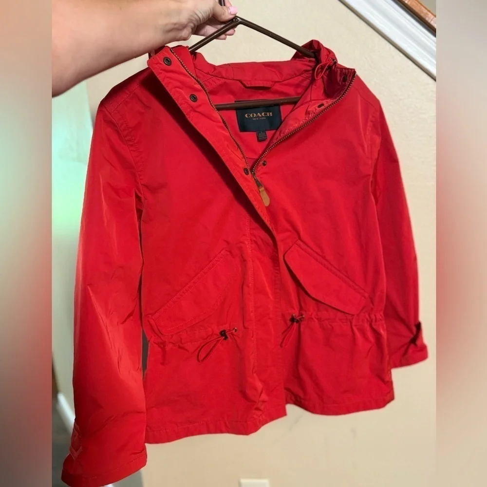 Coach Red Utility Anorak Jacket Hooded Lightweight Designer Leather Trim Size S